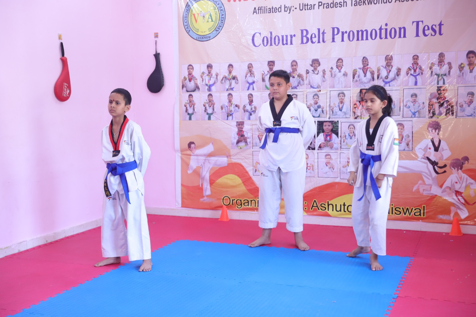 Valorous Taekwondo Academy junior students practicing front kicks in Aliganj Lucknow